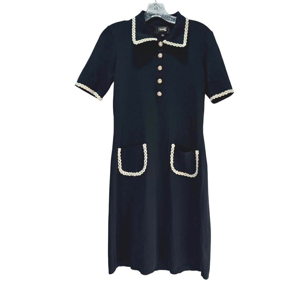 Alexia Admor Knit Dress Womens M Black Pearl Button Trim Preppy Mod Stretch